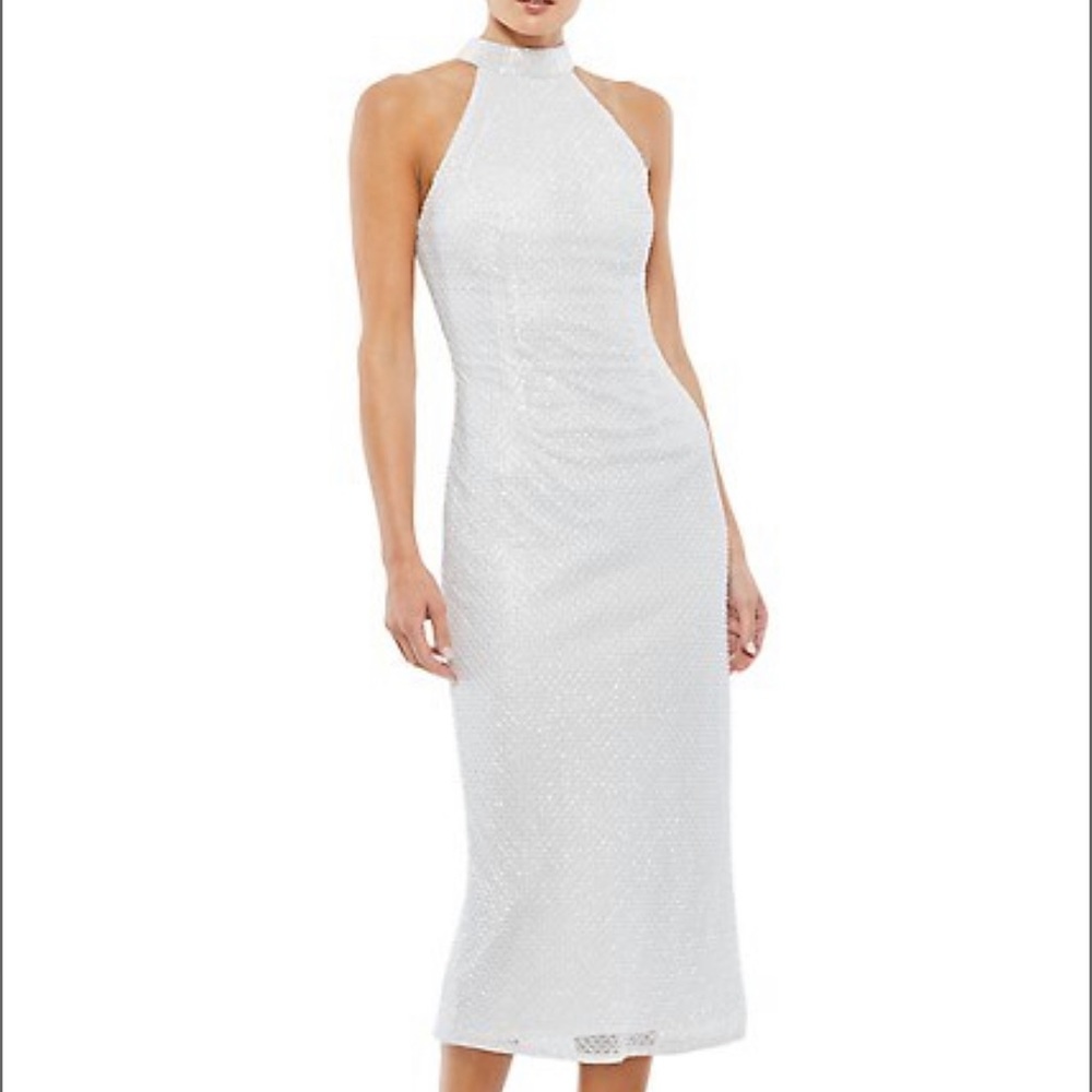 Mac Duggal Metallic Beaded Dress in White